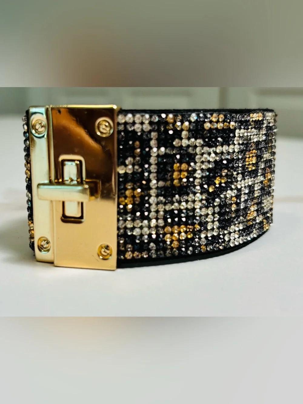 Crystal-Embellished Black & Gold Cheetah print Women's bracelet